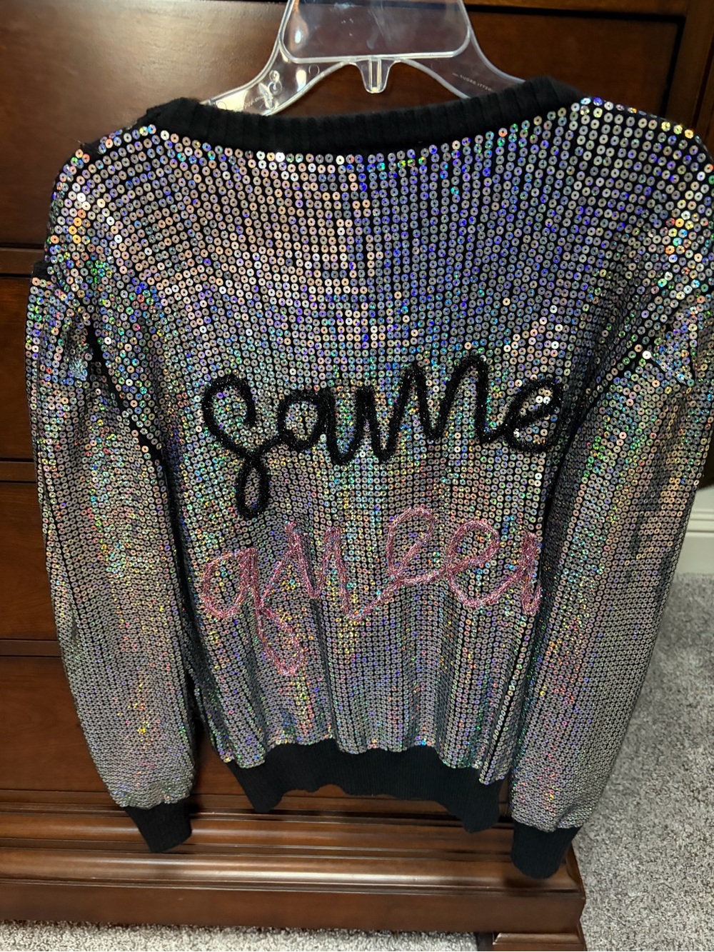 QUEEN OF SPARKLES Holographic Sequin Sweater with Black Trim - Picture 3 of 6